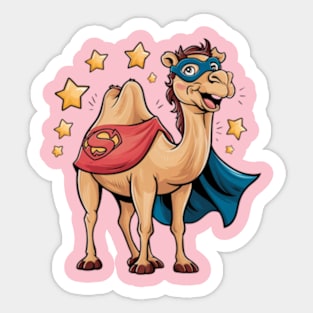 Creative and humorous vector print of a Bactrian camel, wearing a superhero cape and mask, standing confidently with a cheerful smile Sticker